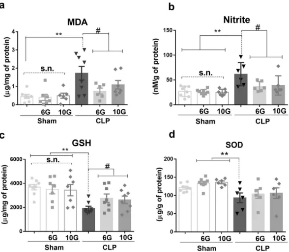 Figure 1.  Kidney redox profile. (a) Oxidative activities showed by the increased amounts of malondialdehide  (MDA), (b) nitrite level, (c) but also by the reduced activity of glutathione (GSH) and (a) superoxide dismutase  (SOD), indicating functional and