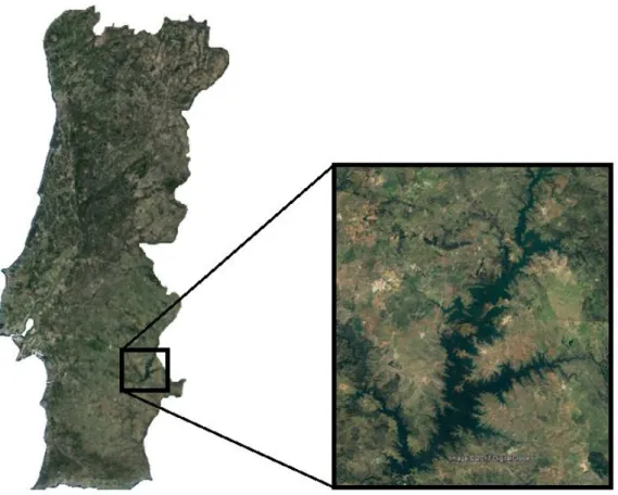 Figura 3  – Localização da Albufeira de Alqueva. Adaptado do Google Earth . 