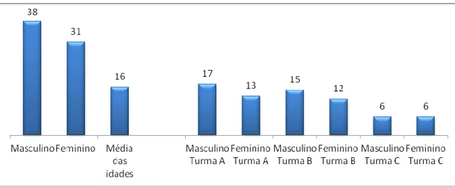 Gráfico 1 – Representação da distribuição dos alunos por género e média de idade. 