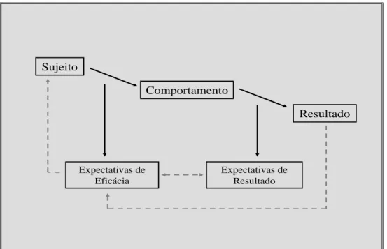 Figura 8: Diagrama expectativa de eficácia e de expectativa de resultado (adaptado de  Bandura, 1977)  Sujeito Comportamento Resultado Expectativas de  Eficácia Expectativas de Resultado