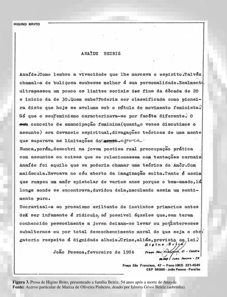 Figura 3. Prosa de Higino Brito, presenteado a família Beiriz, 54 anos após a morte de Anayde