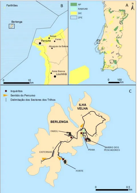 Figura 2.1: A: Localização da RNB em Portugal, com indicação das Áreas Protegidas (AP), Sítios RAMSAR, Sítios de Interesse  Comunitário (SIC) e Zonas de Proteção Especial (ZPE)