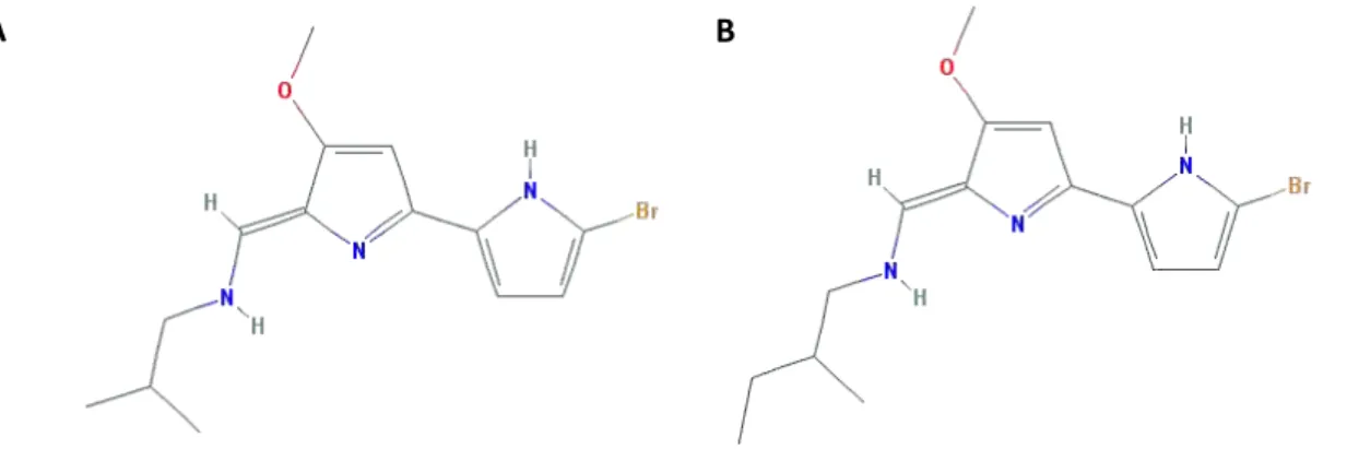 Figura  18.  Estrutura  química  das  Tambjaminas  analisadas  no  presente  estudo.  (A)  Tambjamina I e (B) Tambjamina J