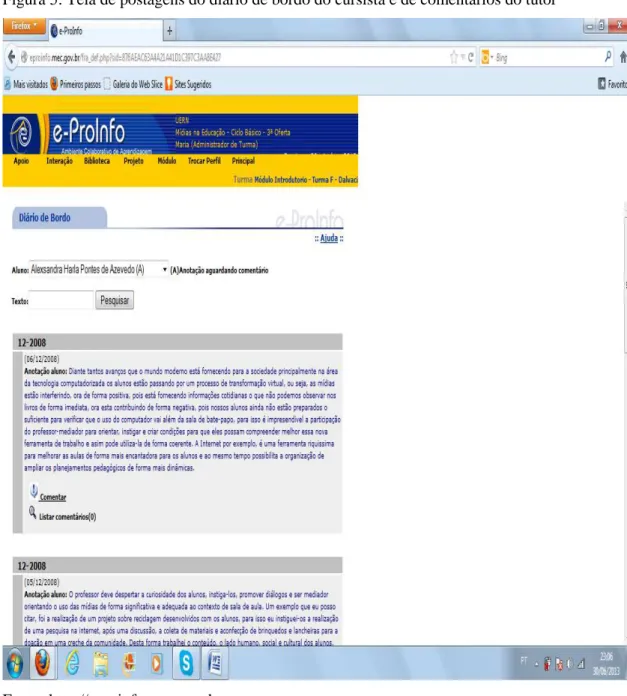 Figura 5: Tela de postagens do diário de bordo do cursista e de comentários do tutor