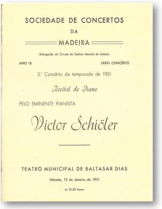 Figura 7: Folheto do concerto de Victor Schioler, promovido pela Sociedade de Concertos da  Madeira no Teatro Municipal Baltazar Dias (capa), no dia 13 de Janeiro de 1951 - Espólio 