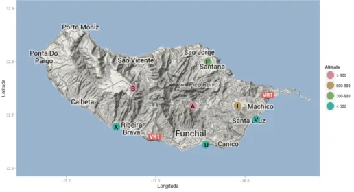 Figure 5.1: Location and altitude range of the rain gauge stations–Dataset I ( Map data c  2014 Google ).