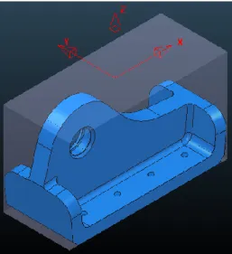 Figura 13 – Modelo CAD abordado, na posição inicial do bloco a maquinar, estando também representado o  plano de trabalho ativo nesse momento [23].