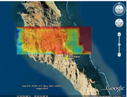 Fig. 3-11 Visualização do mapa de cobertura gerado pelo DifractionLoss no GoogleEarth a 2D