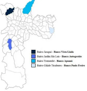 Figura 4.1 - Localização dos bancos comunitários paulistanos ligados ao movimento de moradia 