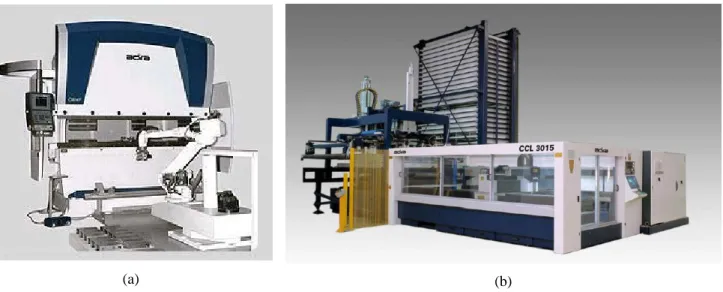 Figura 1.1 - a) Células robotizadas de quinagem; b) Centro de corte laser com sistema de carregamento e  descarregamento automático de chapa CCL 3015 