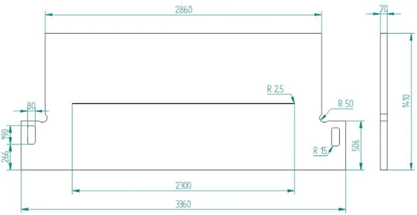 Figura 3.10 - Avental móvel da modelação preliminar 2 com rasgo de pressão hidráulica (cotas em mm) 