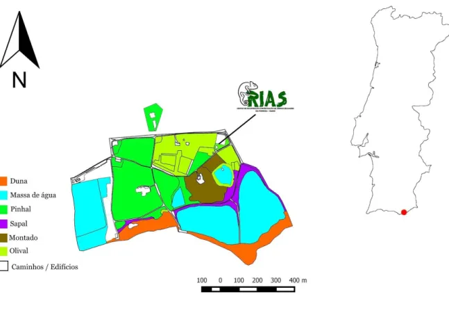 Figura 2.1 - Mapa da área de estudo - Quinta de Marim, Olhão. Está também assinalada a localização do RIAS