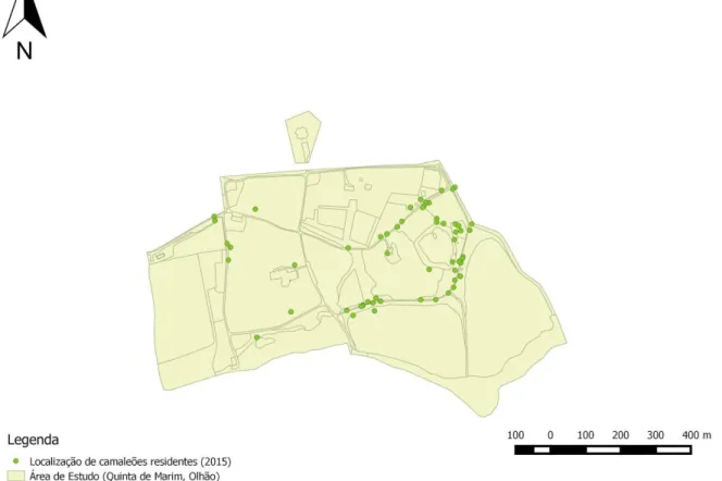 Figura 3.1 - Mapa da área de estudo com localizações de camaleão-comum registadas em 2015