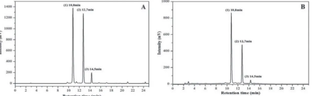 Figure 1. Chromatographic profile of the ethanol extract (A) and the aqueous extract (B) from B