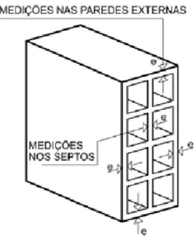 Figura 19. Posições esquemáticas para as medições de espessura das paredes externas e septos
