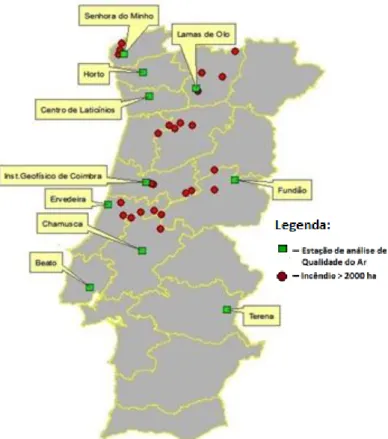Figura 23 - Localização dos incêndios &gt;2000 ha e das estações de monitorização   da qualidade do ar, utilizadas no 2º bloco de 2005  