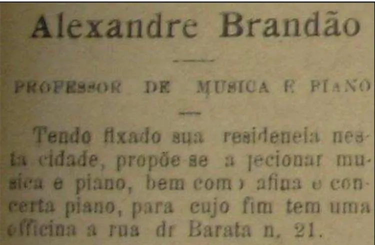 Figura 05 - Anúncio de aula de música e luteria ([PROFESSOR...], 1908, p. 3).  Fonte: Acervo do Instituto Histórico e Geográfico do Rio Grande do Norte (IHGRN) 