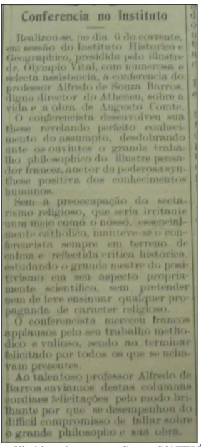 Figura 07 - Conferência no Instituto Histórico sobre Augusto Comte (CONFERÊNCIA..., 1908, p