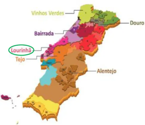 Figura  1.  Denominações  de  Origem  Protegida  de  aguardente  vínica  em  Portugal  das  quais  se  destaca  a  aguardente DOC Lourinhã