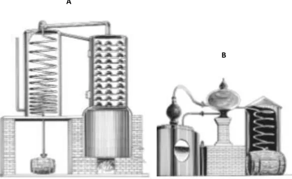 Figura 2. Sistemas de destilação: (A) Coluna de destilação e (B)  Alambique “Charentais”; (Fonte: Tsakiris et  al., 2016) 