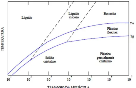 Figura 2.16  – Comportamento dos polímeros em função da temperatura e massa molecular (BILLMEYER JR.,  1984 citado por CALLISTER JR., 1997)