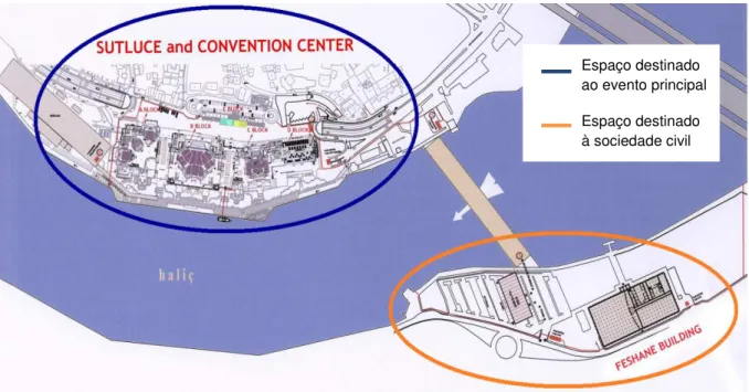 Figura 9 – Separação entre evento principal e sociedade civil no mapa do   V Fórum Mundial da Água