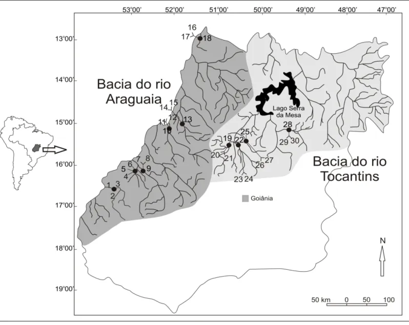 Figura 1 - Localização dos 30 pontos de coleta (círculo preto) na bacia Tocantins-Araguaia no  estado de Goiás, Brasil Central.1 = rio do Peixe I; 2 = riacho Vardú; 3 = riacho Dorinha; 4 = rio  Piranhas; 5 = riacho Angico; 6 = riacho C1; 7 = rio Caiapó; 8=