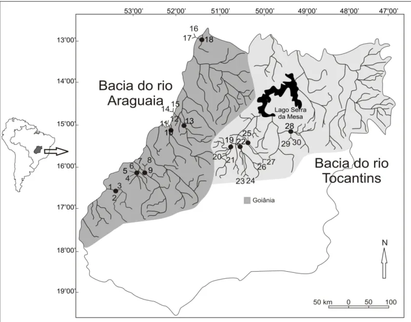 Figura 1 – Localização dos 30 pontos de coleta (círculo preto) na bacia Tocantins-Araguaia no  estado de Goiás, Brasil Central