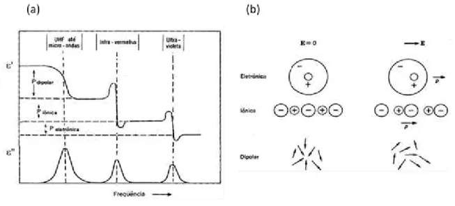 Figura  4  –   (a)  Ilustração  da  parte  real  e  imaginária  da  permissividade  elétrica  em  função  da  frequência; (b) Ilustração das diferentes contribuições para a polarização elétrica em um material  dielétrico  