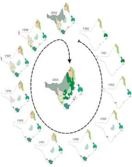 Figura 3 - Evolução da criação de áreas protegidas no Amapá.  Nota: 1,2 e 3 indicam as Terras Quilombolas 