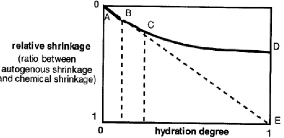 Fig. 2: Evolução da retração autogénea em função do grau de hidratação  [Acker 1988]. 