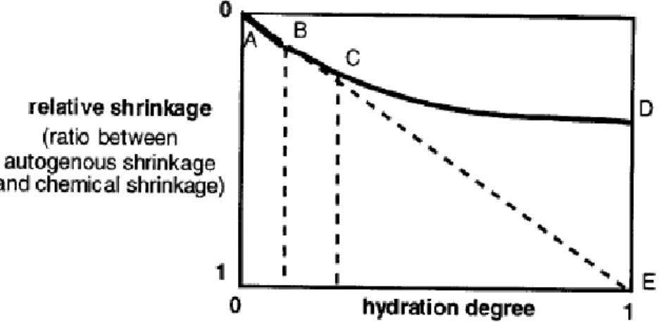 Fig. 2: Evolução da retração autogénea em função do grau de hidratação  [Acker 1988]. 
