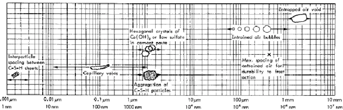 Fig. 6: Distribuição de corpos sólidos e poros na pasta de cimento hidratada  [Mehta &amp; Monteiro]