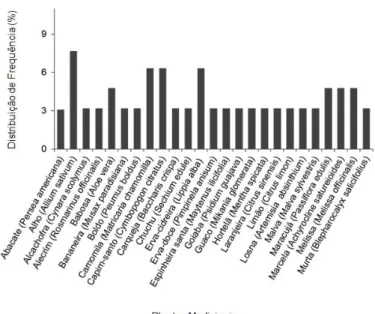 Figura 2. Distribuição de frequência das plantas me- me-dicinais mais citadas entre os registros científicos  en-volvendo enfermagem e plantas medicinais
