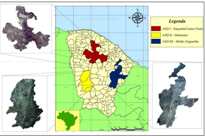 Figura  3  -  Disposição  dos  municípios  cearenses  que  compõem  as  Áreas  Susceptíveis  ao  fenômeno da desertificação no Estado do Ceará