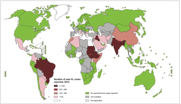 Figura  1:  Distribuição  da  leishmaniose  visceral  (LV)  no  mundo.  Adaptado  http://gamapserver.who.int/mapLibrary/Files/Maps/Leishmaniasis_VL_2013.png 