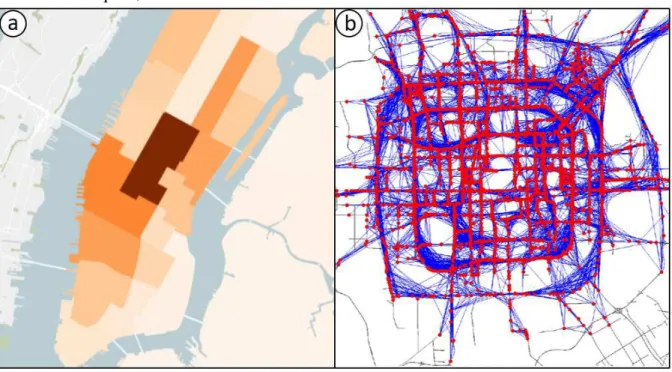 Figura 12 – (a) Análise de densidade de tráfego utilizando dados de táxis da cidade de Nova York