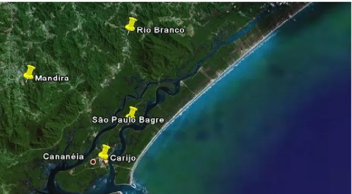 Figura 3.1: Localização dos Bairros no município de Cananeia. Fonte: Google Earth,  2010
