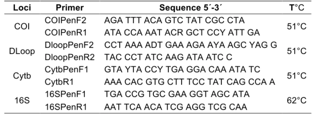 Tabela 3.1: Listagem dos primers utilizados para amplificação dos quatro marcadores  mitocondriais utilizados