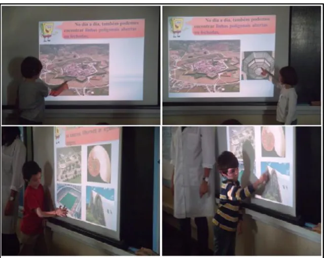 Figura 14. Fotografias dos alunos a identificaram as respetivas linhas, no decorrer da  apresentação em PowerPoint
