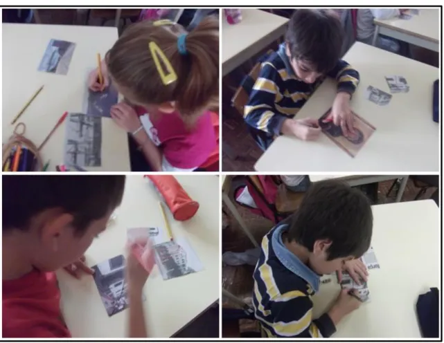 Figura 15. Fotografias dos alunos a registarem os diferentes tipos de linhas. 