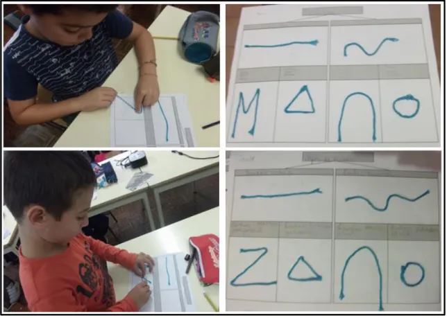 Figura 16. Fotografias dos alunos a construírem dos diferentes tipos de linha e os  resultados do preenchimento da tabela