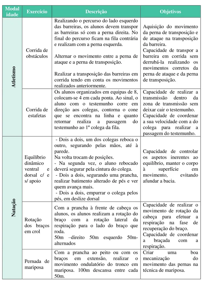 Tabela 6 - Tabela de exercícios critério 