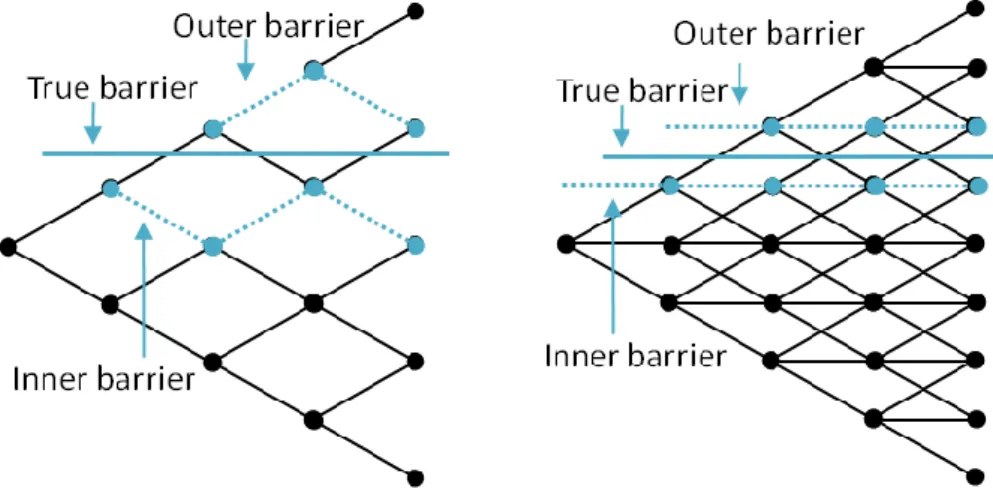 Figure 2: Barrier assumed by binomial and trinomial tree lattices 