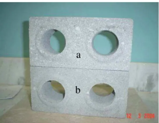 Figura 3.3 - Blocos de solo-cimento: (a) com agregado de  resíduo plástico; (b) sem agregado (bloco “padrão”)