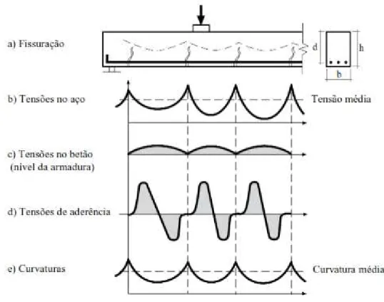 Figura 2.15 Distribuição das tensões e das curvaturas num elemento de betão fendilhado adaptado de  ARCER (2003) 