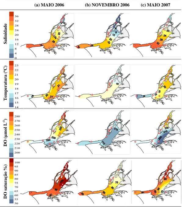 Figura 3.7 – Distribuição espacial de salinidade, temperatura e DO em (a) maio  2006, (b) novembro 2006 e (c) maio 2007, ao longo do estuário do  Tejo