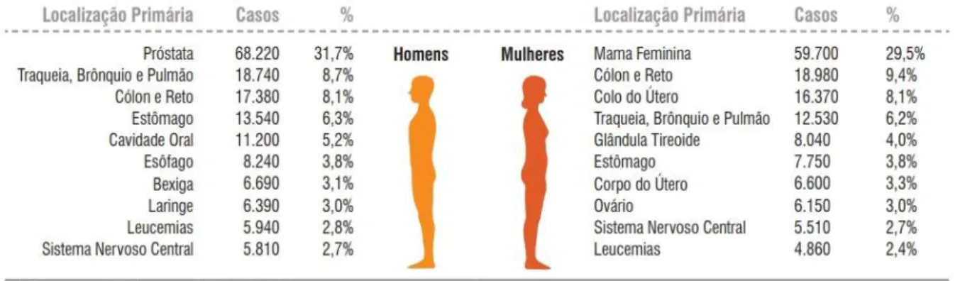 Figura 2.  Distribuição proporcional dos 10 tipos de câncer mais incidentes no Brasil  estimados para 2018, exceto pele não melanoma