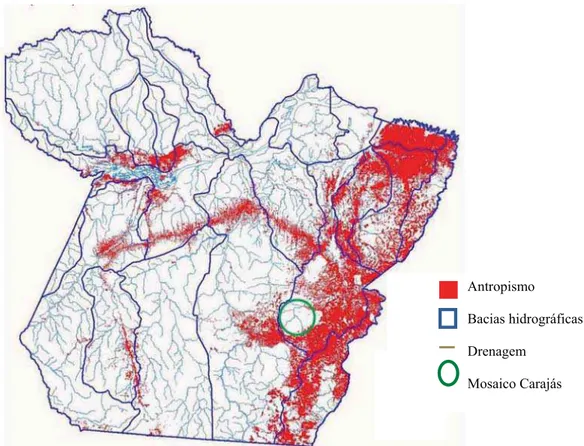 Figura 3. Espacialização da pressão antrópica no estado do Pará (Brasil) e na área  do mosaico Carajás (Fonte: Conservação Internacional do Brasil
