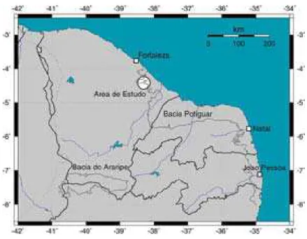 Figura 2.1: Nordeste do Brasil: o mapa mostra em cinza escuro o contorno das principais bacias do Nordeste; em azul os principais rios da regi˜ao